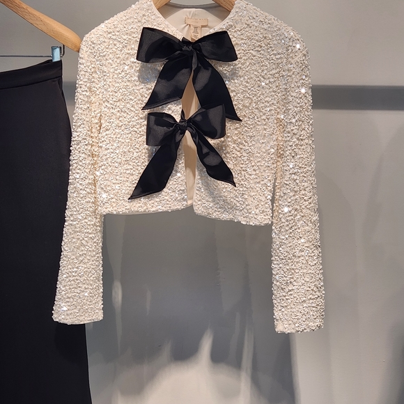 H&M Jackets & Blazers - H&M Tie-front Sequined Jacket Off White/black bow sz S, M. BNWT